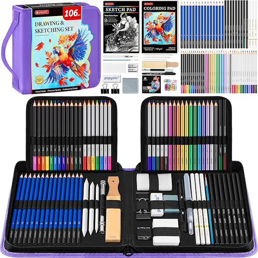 106 Pack Drawing Set Sketching Kit, Pro Art Supplies with 3-Color Sketchbook, Coloring Book, Graphite Colored Charcoal Watercolor & Metallic Pencils, Drawing Supplies Gift Case for Artists Adults Kids