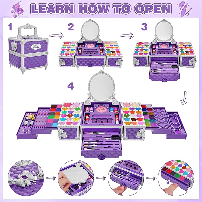 99 Pcs Kids Makeup Kit for Girls, Princess Toys Real Washable Cosmetics Set with Mirror, Hair Ties, Nails, Rings, Earrings, Necklace, Perfect for 3 4 5 6 7 8 Year Old Girls Birthday