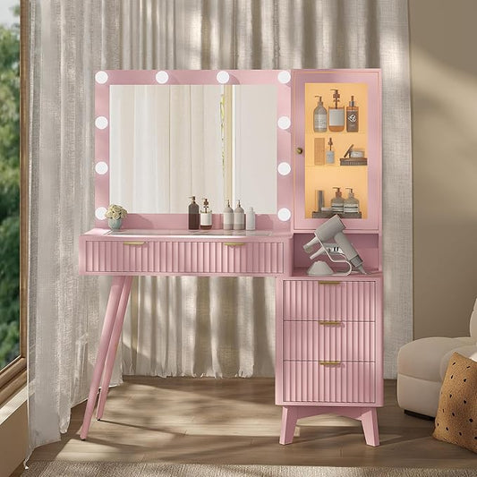 Makeup Vanity Desk with Mirror and Lights, 45" Fluted Wood Vanity Desk with Glass Top, 5 Drawers & RGB Glass Cabinet, Power Outlet, Mid Century Modern Dressing Table Set for Women Girls Bedroom