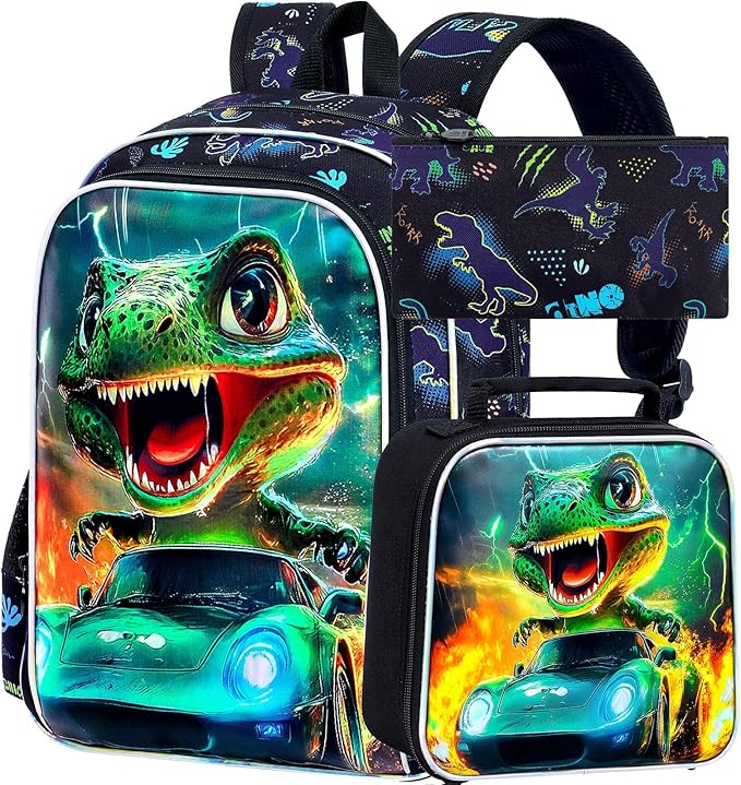 16" Dinosaur Backpack for Boy, 3Pcs Cars Bookbag with Lunch Box, Kids School Backpacks for Elementary Preschool Kindergarten (Black)