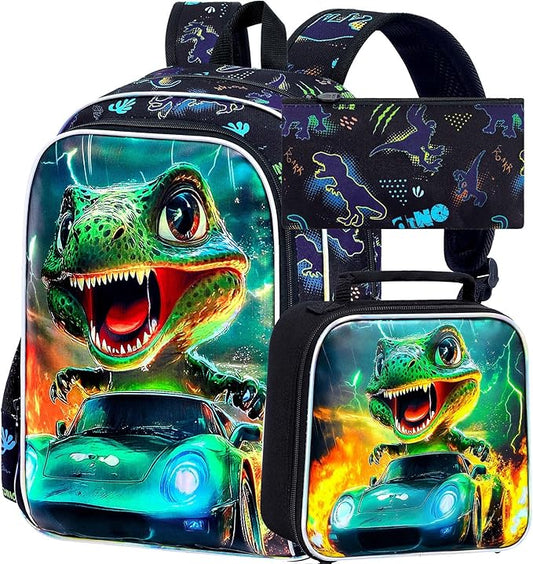 16" Dinosaur Backpack for Boy, 3Pcs Cars Bookbag with Lunch Box, Kids School Backpacks for Elementary Preschool Kindergarten (Black)