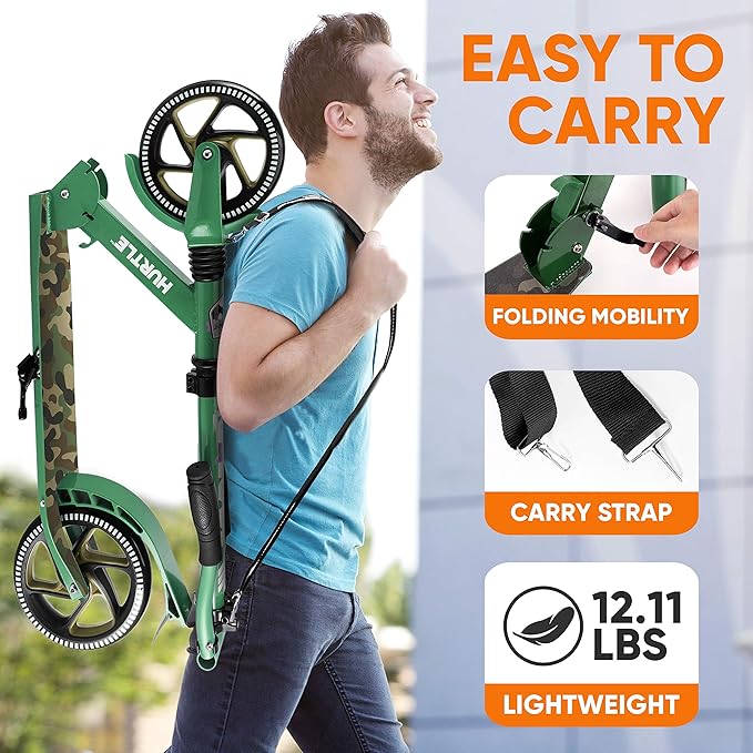 Hurtle Renegade Kick Scooter for Kids, Teenagers & Adults - 2-Wheel Folding Scooter with Adjustable T-Bar Handlebar - Alloy Anti-Slip Deck