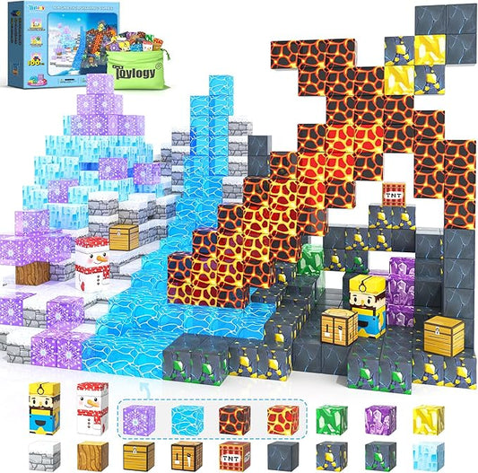 100PCS Large Magnetic Blocks-Build Mine Magnet World Ice Mine Sword Toddlers Toys for Kids Magnet Transparent Building Blocks Sensory Learning Toys for Boys and Girls Ages 3 4 5 6 7 8-12 Birthday Gift