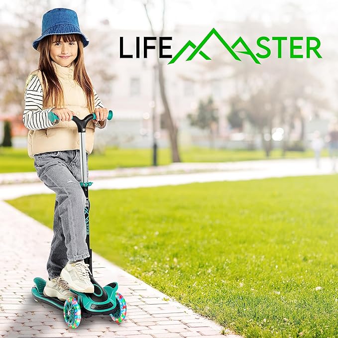 Kids Scooter – Foldable Seat – LED Wheel Lights Illuminate When Rolling – Children and Toddler 3 Wheel Kick Scooter – Adjustable Handlebar – Indoor and Outdoor- by Lifemaster