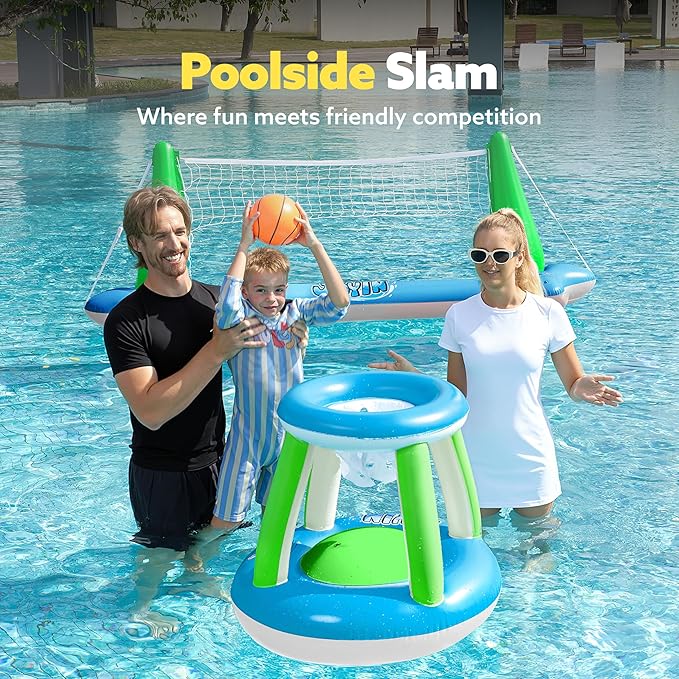 JOYIN Inflatable Volleyball Net & Basketball Hoops Pool Float Set; Balls Included for Kids and Adults, Summer Pool Game, Floaties, Volleyball Court (105”x28”x38”) Basketball (27.6”x23”),Green,Blue