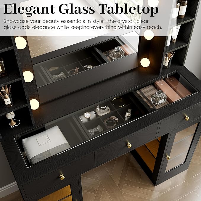 Makeup Vanity with Mirror and Lights, 43'' Wide Dressing Table with Storage Drawers, Open Shelves & Power Outlet, Vanity Desk with RGB Cabinet & Glass Top for Girls Bedroom, Living Room, Black
