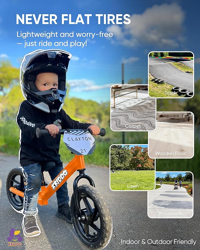KRIDDO Toddler Balance Bike 2 Year Old, Age 18 Months to 5 Years Old, 12 Inch Push Bicycle with Customize Plate (3 Sets of Stickers Included), Gift Bike for 2-3 Boys Girls, Orange