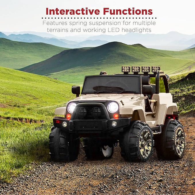 Best Choice Products Kids 12V Ride On Truck, Battery Powered Toy Car w/Spring Suspension, Remote Control, 3 Speeds, LED Lights, Bluetooth - Sand