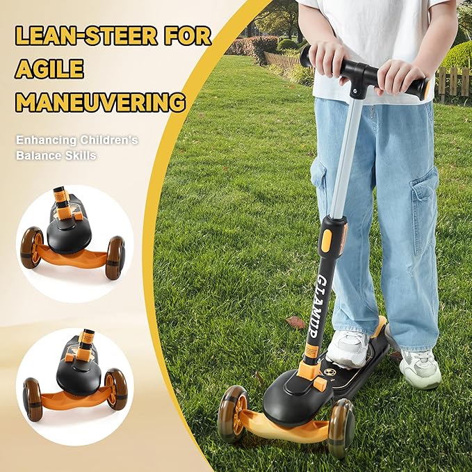 GLAMUP Kids Kick Scooter 3 Wheels, Kids Scooter Height Adjustable Handlebar, Lean-to-Steer System & Easy-Folding Mechanism, Ages 3-14 Boys and Girls