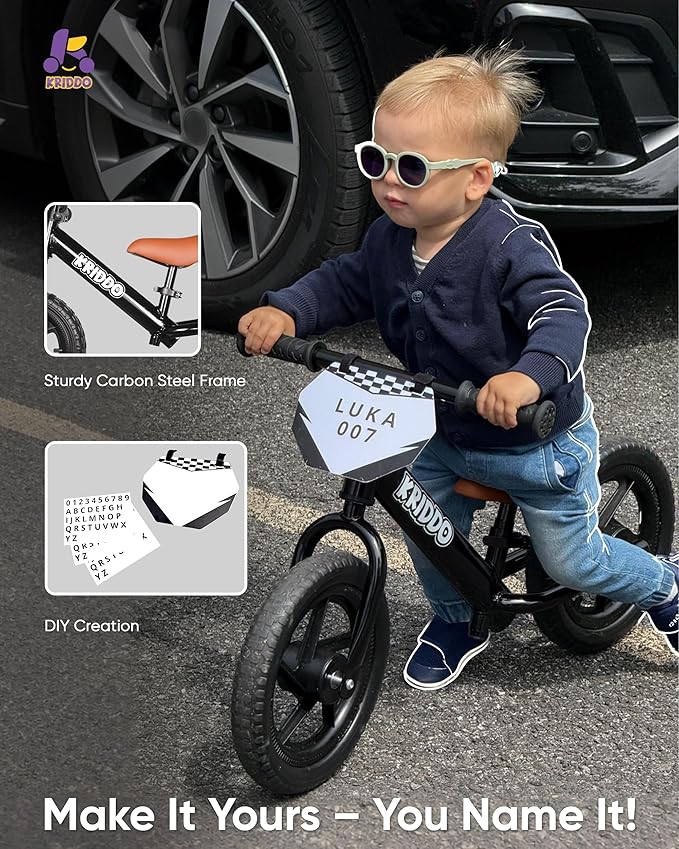 KRIDDO Toddler Balance Bike 2 Year Old,12 Inch Push Bicycle with Customize Plate (3 Sets of Stickers Included), Steady Balancing, Gift Bike for 2-5 Boys Girls, Black