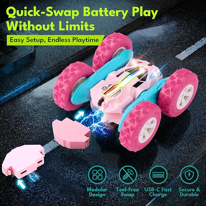 Threeking Remote Control Car RC Cars Toys for Boys Girls Ages 6-12, Upgraded USB-C Modular Batteries, 4WD Stunt Car with Breathing Soft Lights, Double-Sided Driving & 360° Flips, Presents Gifts, Pink
