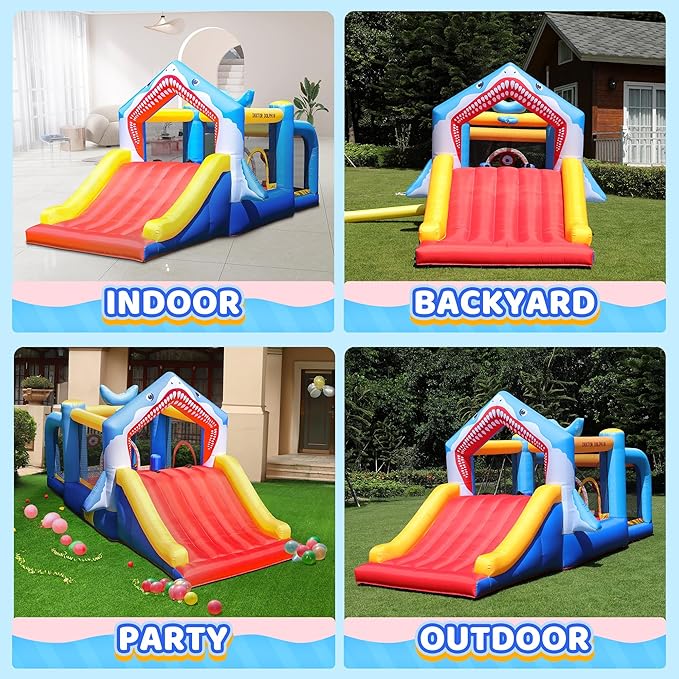 Bounce House Toddler Ball Pit Inflatable Slide Bouncer Jumper Shark Bouncy Castle Park for Kids 2-12 Indoor or Outdoor, Wet and Dry