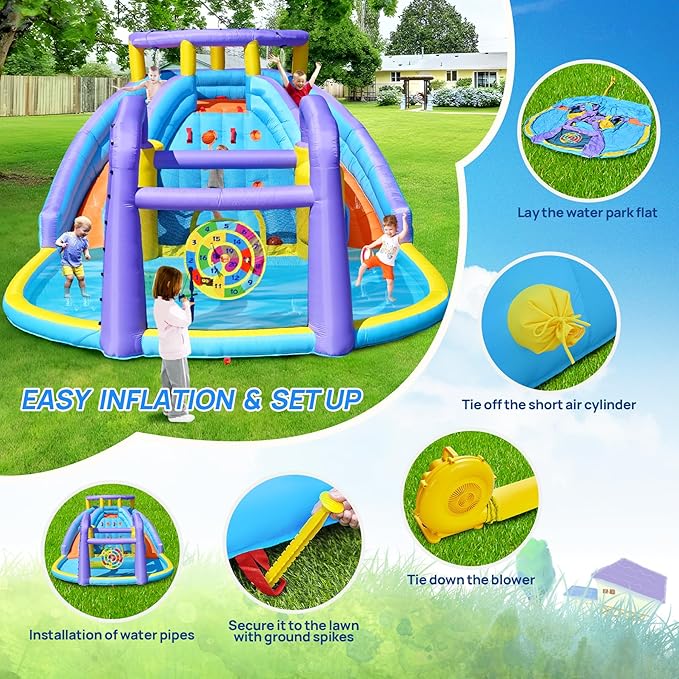 Inflatable Bounce House Water Slide Combo, Blow Up Water Slides for Backyard, Kids Jumper with Climbing Wall, Basketball Hoop, Splash Pool with Blower (Double Water Slide)