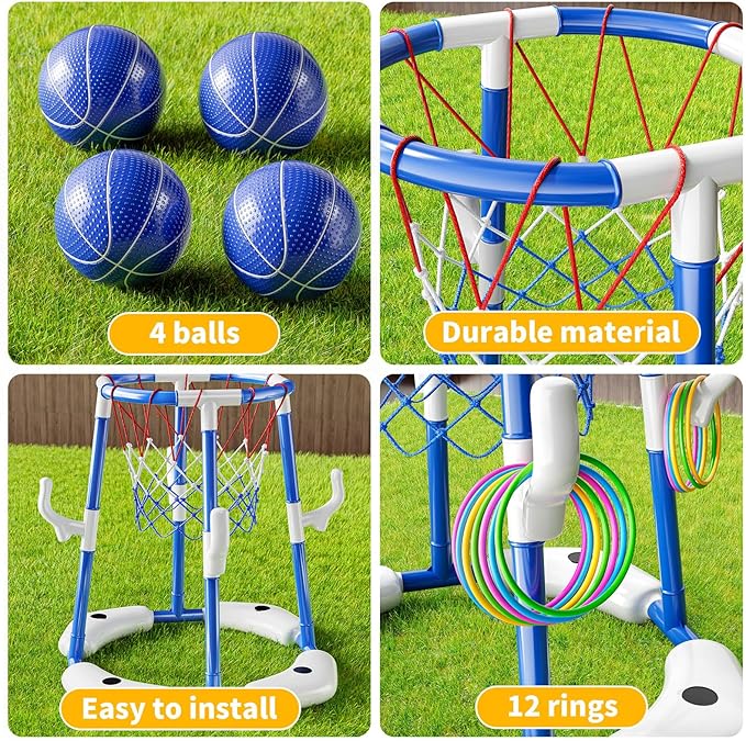 Pool Basketball Hoop, 2-in-1 Floating Pool Toys Ring Game with 4 Balls and Pump, Outdoor Swimming Pool Basketball Games Water Play Toy Family Party for Kids Adults Age 3-12 (Blue)