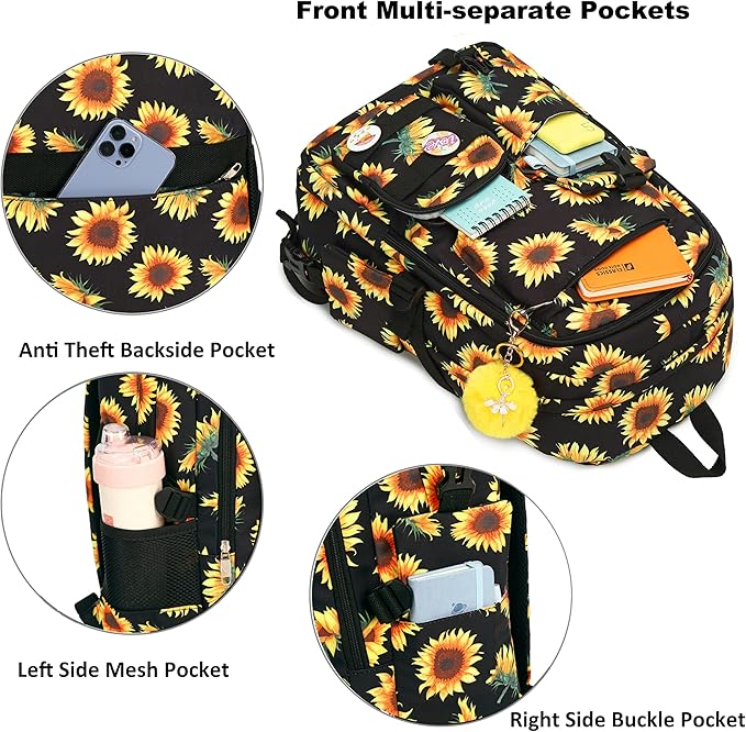 Hidds Laptop Backpacks 16 Inch School Bag College Backpack Anti Theft Travel Casual Daypack Bags Cute Bookbags Large Colorfull Carry on Back Pack for Teens Girls Women Students (Sun Flower Black)