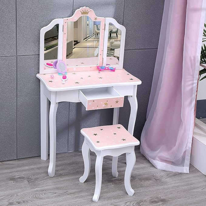 Kids Vanity Table and Chair Set, Girls Vanity Set with Stool, Tri-Folding Mirror, Makeup Dressing Princess Table with Drawer for Little Girls (Pink)