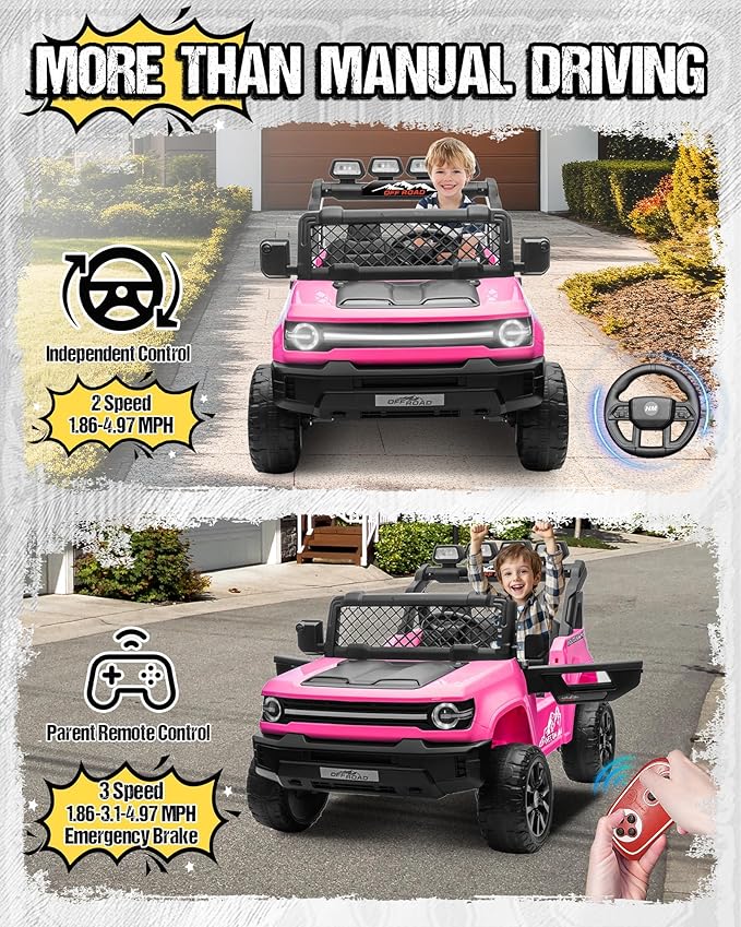 24V Ride on Toys for Big Kids, 2 Seater Electric Car w/22'' Large Seat, Remote Control, Shovel, 4X200W Engines, 4WD/2WD Switchable, Truck Bed Storage, Ride On Truck Toy for Boy Girl, Pink