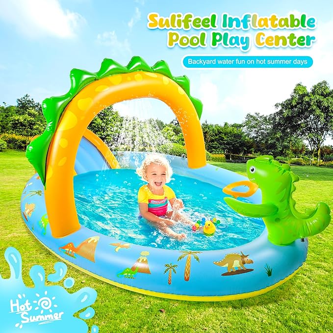 SULIFEEL Dinosaurs Inflatable Play Center Kiddie Pool with Slide and Sprinkler for Children, 96''x59''x39'' Baby Pool for Backyard and Garden, Free Inflatable Pump