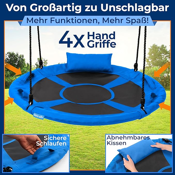 SereneLife 40" Saucer Swing - Outdoor Swing Set with Universal Hanging Kit, Swinging Seat Spinner with Pillow & Carry Bag, Weatherproof, Water-Resistant, Supports Up to 700 lbs, Blue