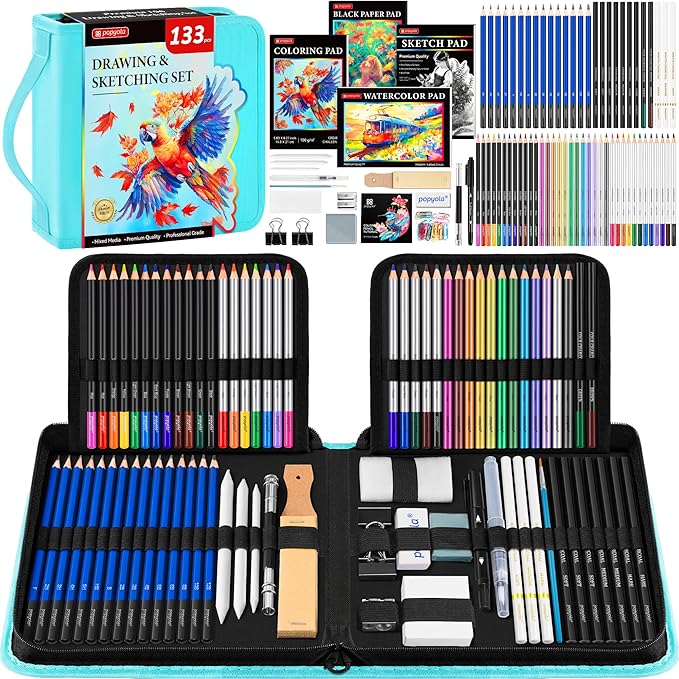 133 Pack Drawing Set Sketching Kit, Pro Art Supplies with Sketch Book, Coloring Book, Watercolor Pad, Black Paper Pad, Graphite Colored Charcoal Watercolor & Metallic Pencils, for Artists Adults Kids