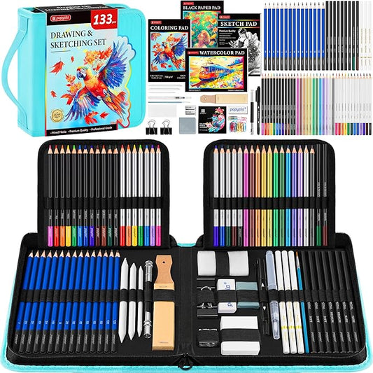 133 Pack Drawing Set Sketching Kit, Pro Art Supplies with Sketch Book, Coloring Book, Watercolor Pad, Black Paper Pad, Graphite Colored Charcoal Watercolor & Metallic Pencils, for Artists Adults Kids