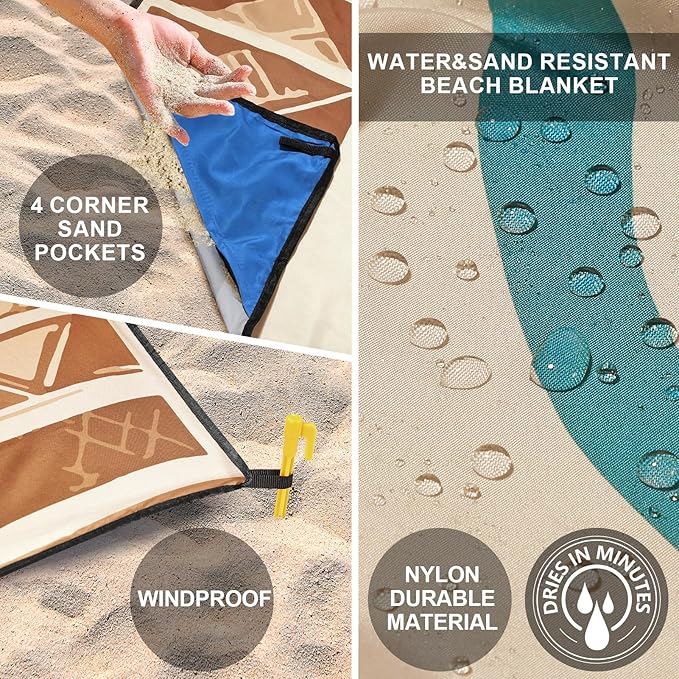 Beach Blanket Waterproof Sandproof Beach Mat 79" X 83"/10'x9'for 2-8 Adults Quick Drying Outdoor Picnic Mat Beach Accessories for Travel, Camping, Hiking