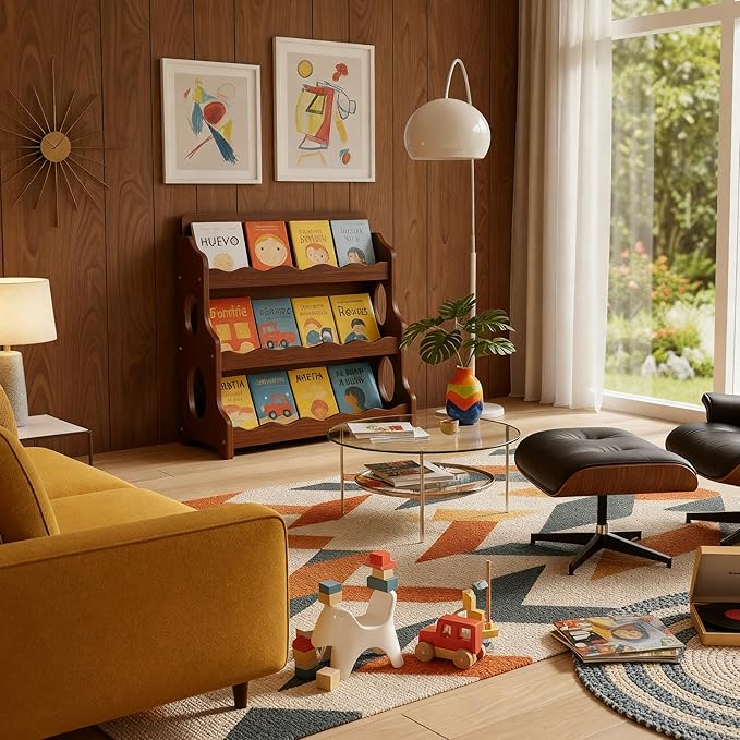 Kids Bookshelf Wooden Montessori Book Shelf Dutch Design 3Tier Scalloped,WalnutWood Pattern