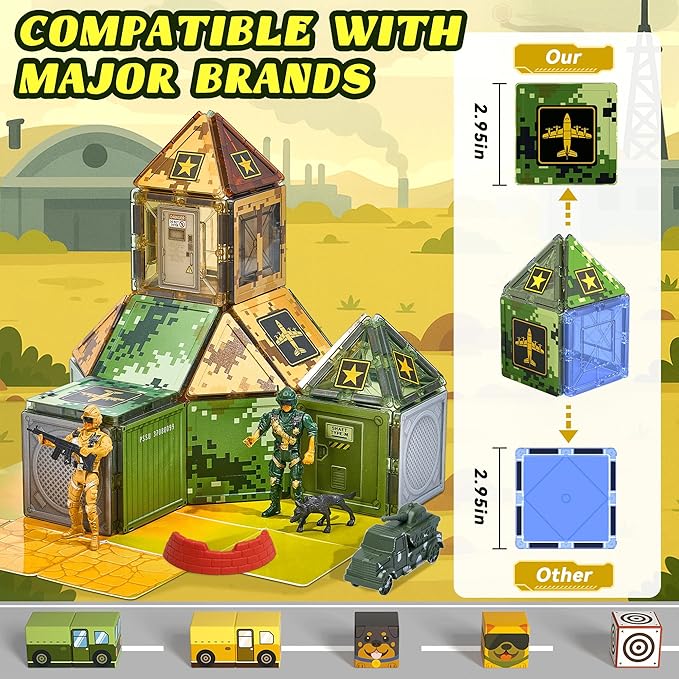 Magnetic Tiles Road Building Toys Set with Magnetic Blocks and Army Toys Accessories, Military Magnetic Blocks for Kids Ages 3-5 4-8, STEM Educational Sensory Magnet Toys Birthday Gifts for Boys Girls