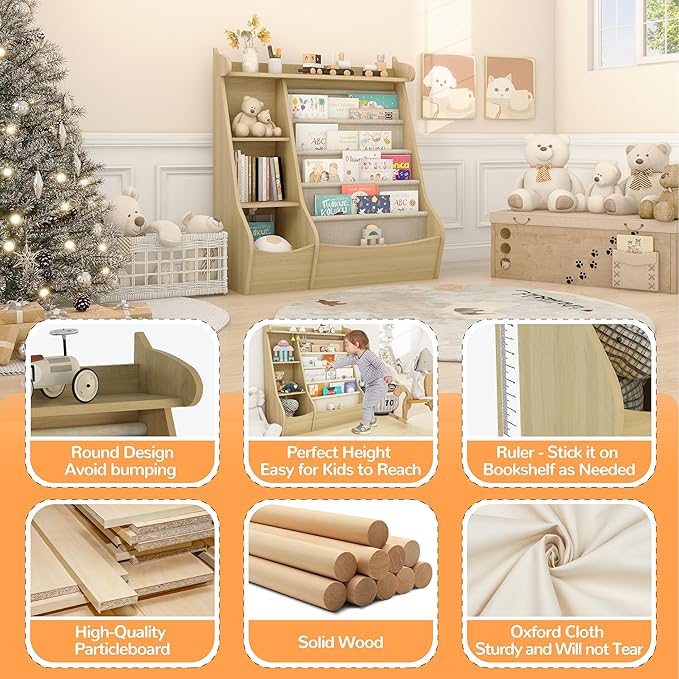 FKWin Bookshelf for Kids Room - 4 Tier Toddler Book Shelf with 5 Sling Pockets，Deer Design Nursery Storage Organizer for Books Nature