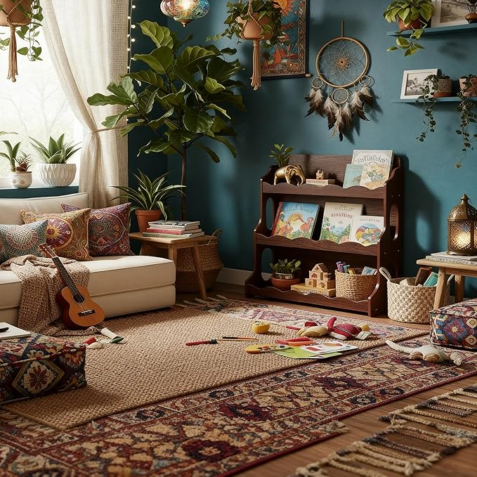 Kids Bookshelf Wooden Montessori Book Shelf Dutch Design 3Tier Scalloped,WalnutWood Pattern