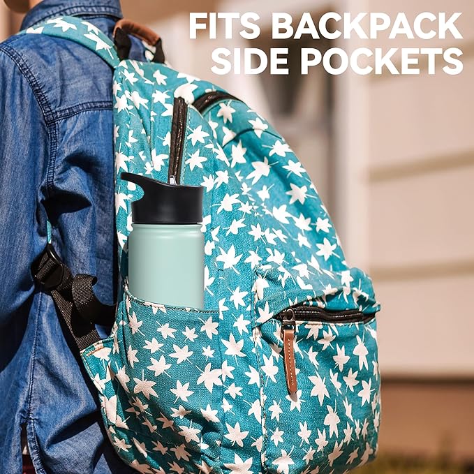 16 oz Insulated Water Bottle Bulk 8 Pack, Straw & Spout Lid, Keep Cold 24H, Spill Proof, BPA-Free, Double Wall, Stainless Steel Kids Water Bottles for School, Sports, Turquoise Blue