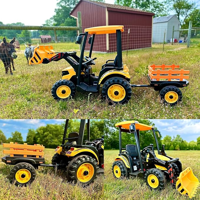 Kidsera 24V Kids Ride on Tractor with Trailer & Front Loader, 3 In1 Tractor 4-Gearbox 24volt Dual Motors Metal Frame, 24V Ride on Toys for Big Kids, Power Wheels Kids Electric Vehicles (Yellow)