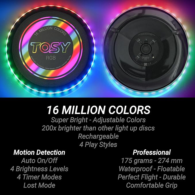 TOSY Flying Disc - 108 RGB Multicolor or 36 Monocolor LEDs, Super Bright, Smart Modes, Christmas Stocking Stuffers Gift, Camping Toy for Kid/Teen/Adult, Auto Light Up, Rechargeable, Waterproof, 175g