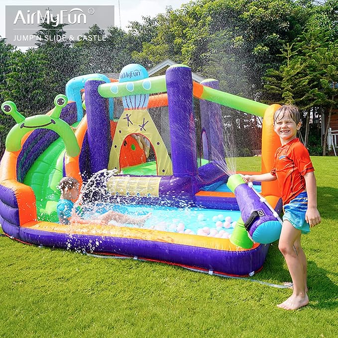 AirMyFun Water Bounce House Inflatable Water Slide Park for Kids Aged 3-10 with Long Slide, Water Gun and Ball Pool Play House for Outdoor Backyard