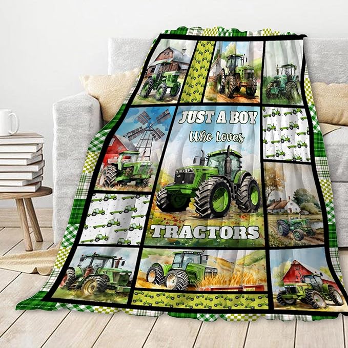 Tractor Blanket Farm Harvester Blankets,Just A Boy Who Loves Tractors Flannel Blanket Gifts for Girls Boys,Soft Warm Lightweight Blanket for Room Decor, 90"x120"for Whole Family
