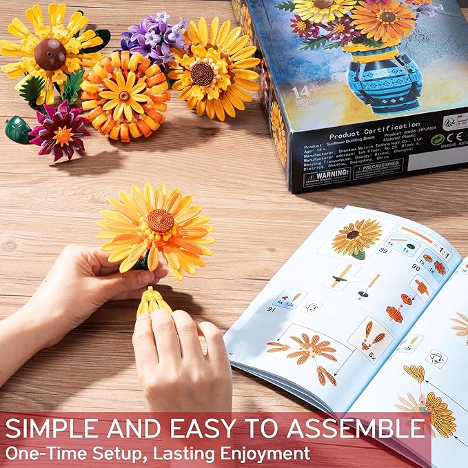 Sunflower Bouquet Building Blocks with Vase Set, 1065 PCS Botanical Collection Christmas Birthday Gifts for Adults Women Men Teen Girls, Artificial Flower Home Decor Gifts for Her Him Mom Wife Grandma