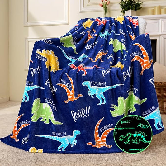 Joiedomi Glow in The Dark Blanket Dinosaur Toys for Kids 3-5 Dinosaur Gifts Toys for Age 2 3 4 5 6 7 8 9 10 11 12 Year Old, Soft Cozy Flannel Kids Throw Blanket, Birthday 50"×60"