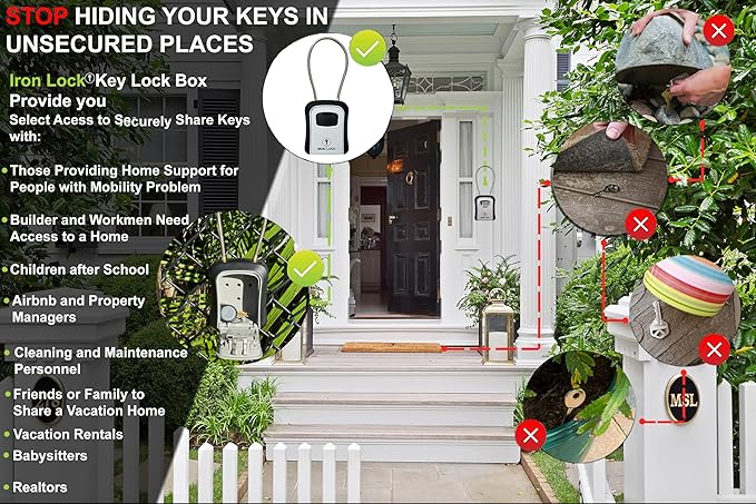 Iron Lock® Portable Key Lock Box and Wall Mounted with Removable Cable Shackle Outdoor Waterproof 4 Digit Combination with Resettable Code with A B Switch Key Lockbox for Outside (Medium, Grey)