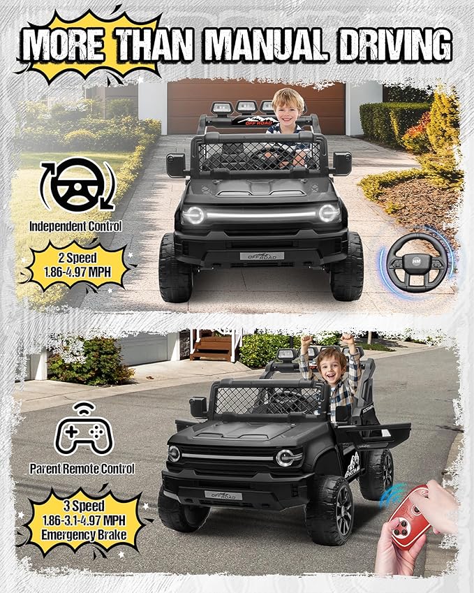 24V Ride on Toys for Big Kids, 2 Seater Electric Car w/22'' Large Seat, Remote Control, Shovel, 4X200W Engines, 4WD/2WD Switchable, Truck Bed Storage, Ride On Truck Toy for Boy Girl, Black