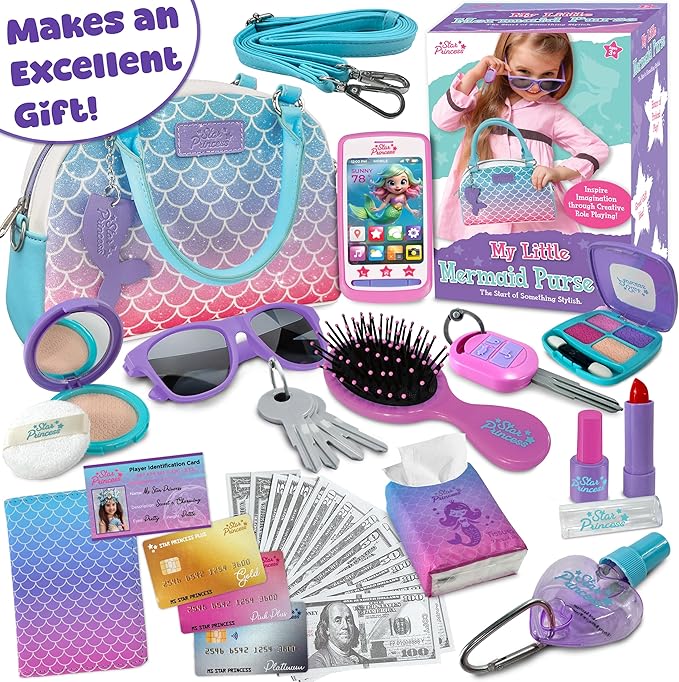 Play Purse for Little Girls and Toddlers - Mermaid Purse Toys for Kids Pretend Play Accessories: Phone, Wallet, Credit Cards, Keys, Pretend Makeup Mermaid Gift for Girl Age 3 4 5 6 7 8 Years and Up