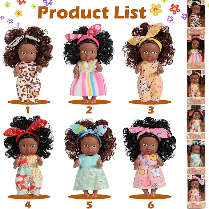 Adorable 6 Pack African Girl Dolls - Posable 4-Inch African American Dolls with Curly Hair & Stylish Outfits