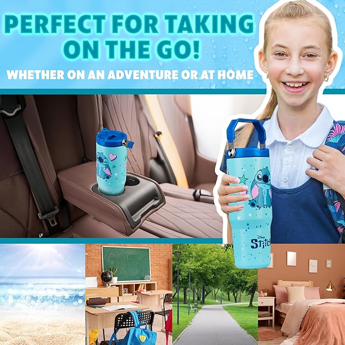 Get Trend Disney Stitch Tumbler with Straw 30oz Kids Teens Insulated Cup with Lid Handle Travel Mug Cups with Lids for School Sports Gifts for Kids (Blue Stitch)