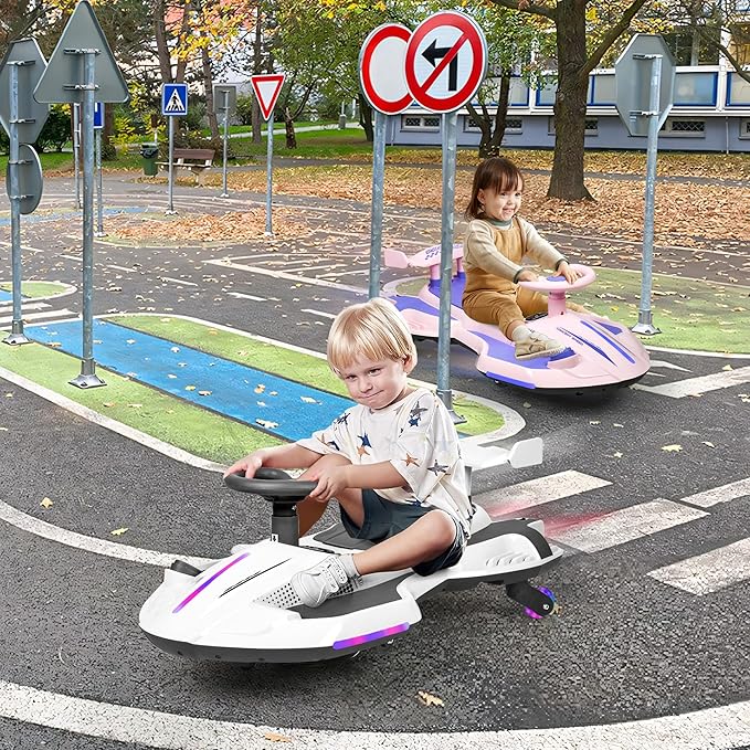 12V Electric Wiggle Car with Pedal for Kids, Rechargeable 2 in 1 Swing Car, Drifting Ride On Toys with Backrest, Anti-Rollover, Spray, Flashing Light, Music, for Ages 3 and Up, 150 Lbs (White)