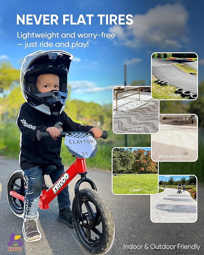 KRIDDO Toddler Balance Bike 2 Year Old, Age 18 Months to 5 Years Old, 12 Inch Push Bicycle with Customize Plate (3 Sets of Stickers Included), Steady Balancing, Gift Bike for 2-3 Boys Girls, Red