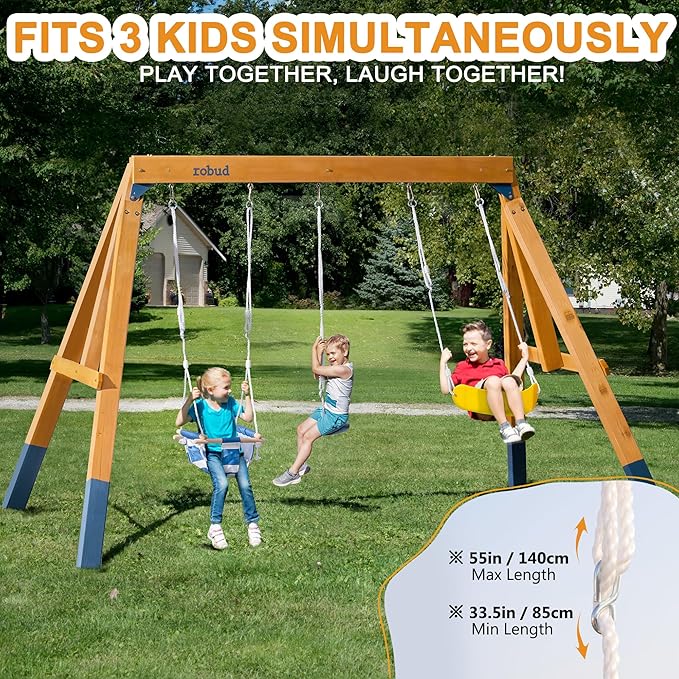 ROBUD 3-in-1 Playground Wooden Swing Sets for Backyard, DIY Swing Sets with Tree Swing and 2 Toddler Swings, Kids Outdoor Play Equipment, Outdoor Playset for Kids & Toddlers, Ages 3+