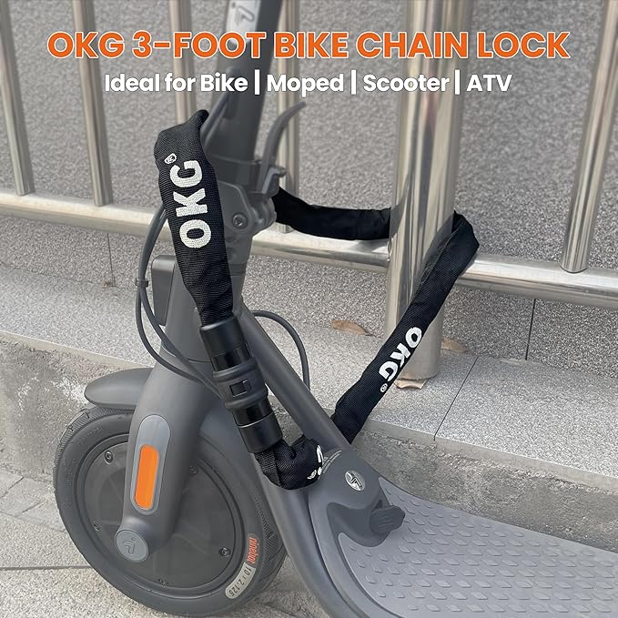 OKG Bike Chain Lock - 3ft, 1/4 Inch Thick Cut-Proof Chain, Hardened Alloy Steel Anti-Theft Bike Lock with 2 Keys & Protective Sleeve for Bike, Moped, Scooter, Gate, Fence