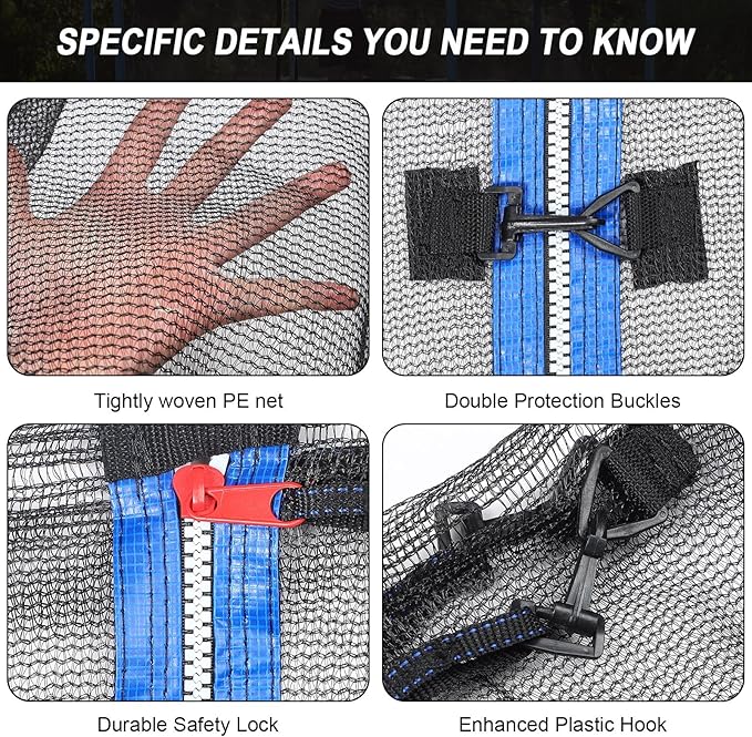 Trampoline Net Replacement Trampoline Safety Round Frame Enclosure Weather Resistant Breathable Net with Double Headed Zippers