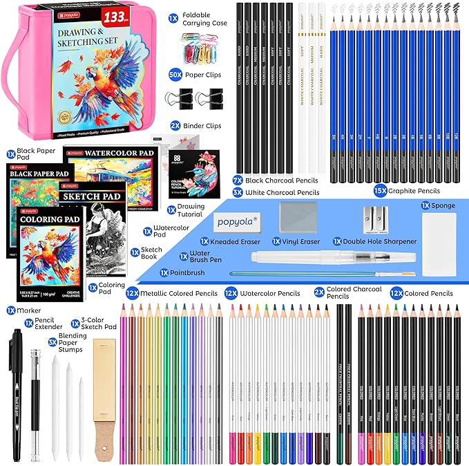 133 Pack Drawing Set Sketching Kit, Pro Art Supplies with Sketch Book, Coloring Book, Watercolor Pad, Black Paper Pad, Graphite Colored Charcoal Watercolor & Metallic Pencils, for Artists Adults Kids