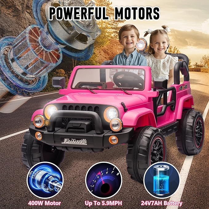 24V XL Kids Electric Ride on Truck Car 2 Seater Remote Control for Toddlers 2-8, 160W 2 Motors 5MPH Max Speed, Bluetooth USB Music Player, LED Lights Safety Belt, Gift for Boys Girls, Pink