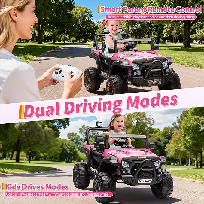 Kids Ride On Truck Car, 12V Ride On Toy Battery Powered Vehicles w/Parent Remote, Spring Suspension, Electric Car for Kids with Bluetooth Music, LED Light, Ideal Car Gift for Boys Girls, Pink